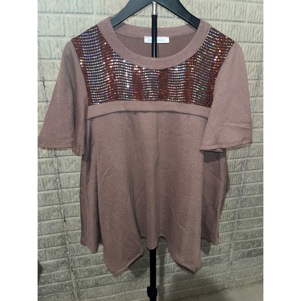Ces Femme Sequin Embellished Knit Top Short Sleeve Brown S/Chico